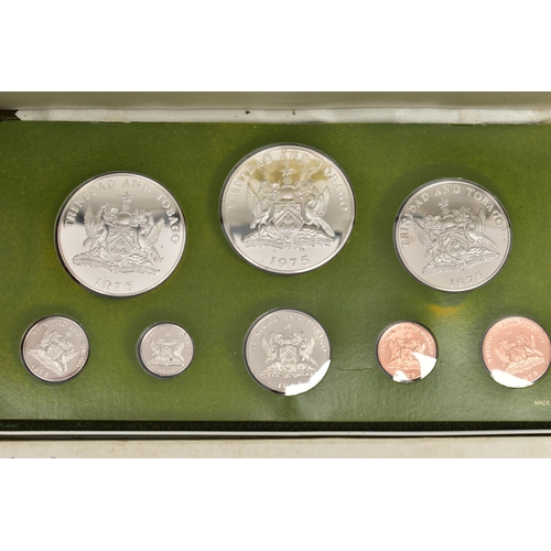 118 - FOUR CASED SETS OF COINS, to include a minted 1975 'Trinadad and Tobago' proof set in box of issue, ... 
