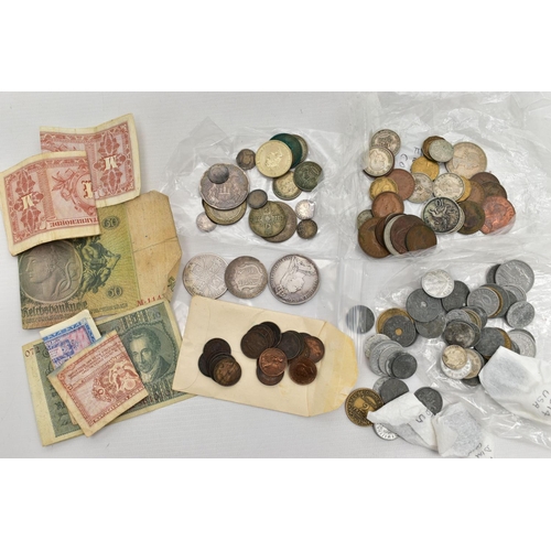 120 - A SMALL BOX OF MIXED COINAGE, to include Victoria Coins Crown, Double Florin, 3d coins a damaged fiv... 