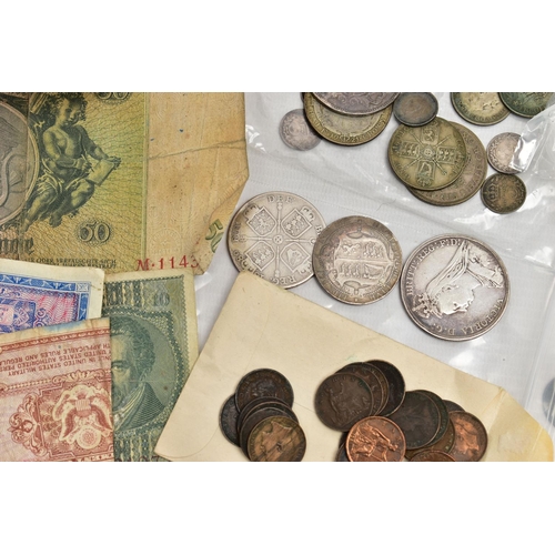 120 - A SMALL BOX OF MIXED COINAGE, to include Victoria Coins Crown, Double Florin, 3d coins a damaged fiv... 