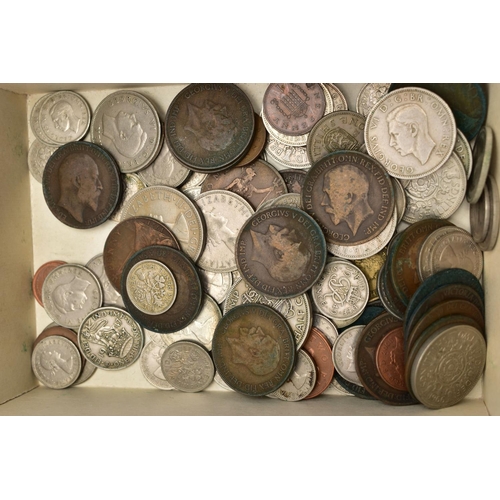 121 - A SMALL BOX OF UK COINAGE, to include over 150 grams  of .500 silver coins etc
