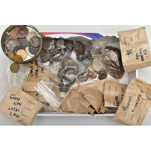 123 - A BOX OF MAINLY UK AND WORLD COINAGE, to include  350 grams of mixed silver coins