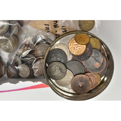 123 - A BOX OF MAINLY UK AND WORLD COINAGE, to include  350 grams of mixed silver coins