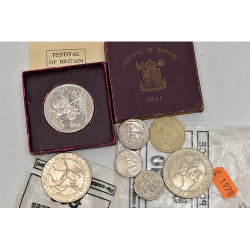 124 - A BOX CONTAINING A SMALL AMOUNT OF COINS, to include a 1951 Festival of Britain boxed Crown of Georg... 