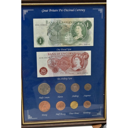 125 - A BOX CONTAINING A FRAMED GB BANKNOTE AND COIN DISPLAY TO INCLUDE: A one pound banknote Ten shilling... 