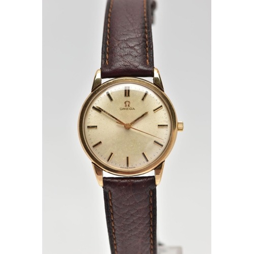14 - A GENTS 1960'S, 9CT GOLD 'OMEGA' WRISTWATCH, manual wind, round champagne dial signed 'Omega', baton... 