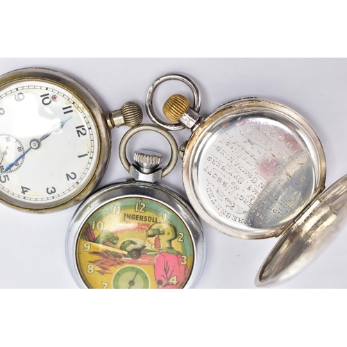 18 - THREE POCKET WATCHES, the first a silver open face pocket watch, the circular black dial, with Arabi... 