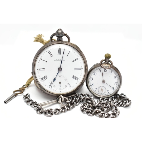 19 - TWO SILVER POCKET WATCHES AND A SILVER CHAIN, the first an Edwardian silver open face pocket watch, ... 