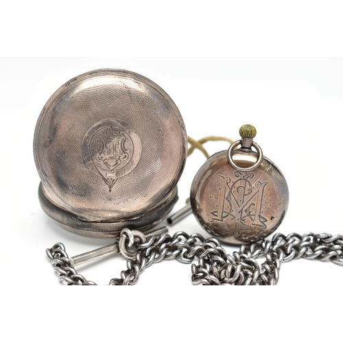 19 - TWO SILVER POCKET WATCHES AND A SILVER CHAIN, the first an Edwardian silver open face pocket watch, ... 