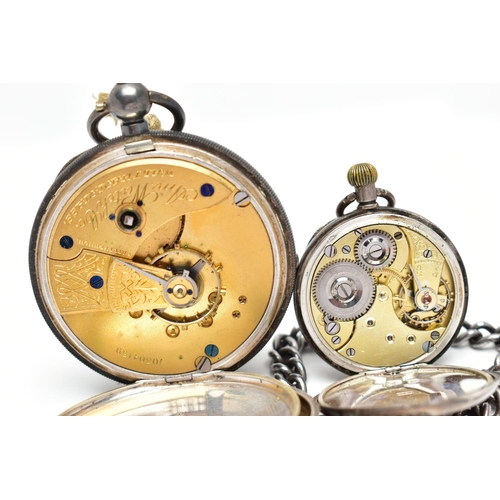 19 - TWO SILVER POCKET WATCHES AND A SILVER CHAIN, the first an Edwardian silver open face pocket watch, ... 