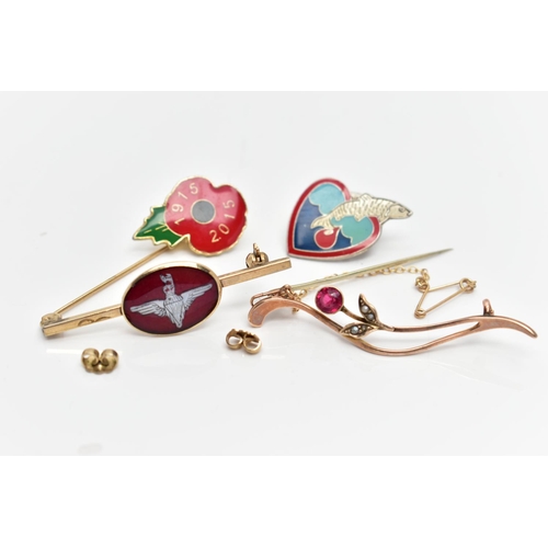 26 - A SELECTION OF YELLOW METAL BROOCHES AND PIN BADGES, to include an Art Nouveau pink tourmaline and s... 