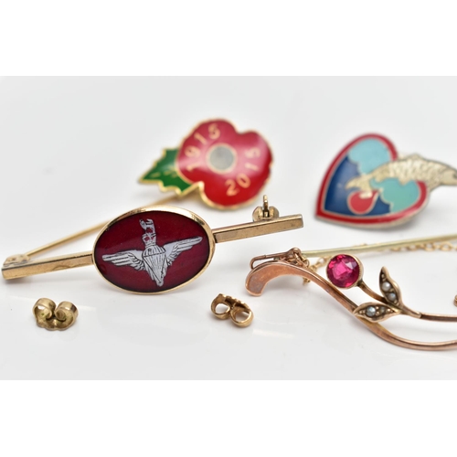 26 - A SELECTION OF YELLOW METAL BROOCHES AND PIN BADGES, to include an Art Nouveau pink tourmaline and s... 