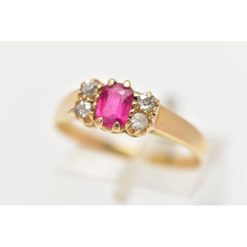 34 - A YELLOW METAL GEM SET RING, centring on a rectangular cut synthetic ruby, flanked with three old cu... 