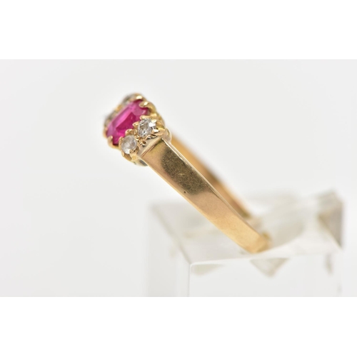 34 - A YELLOW METAL GEM SET RING, centring on a rectangular cut synthetic ruby, flanked with three old cu... 