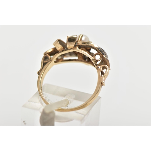 38 - A 9CT GOLD CULTURED PEARL AND DIAMOND RING, centring on a four claw set, cream cultured pearl with a... 