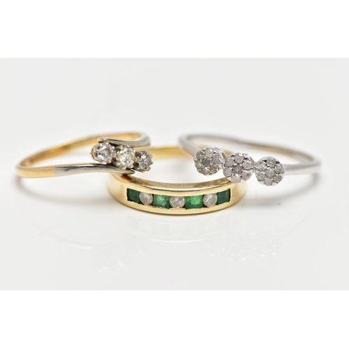 4 - THREE GEM SET RINGS, the first a yellow metal half eternity ring set with four square cut emeralds a... 