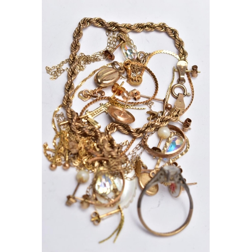 43 - A SELECTION OF 9CT GOLD AND YELLOW METAL JEWELLERY, to include a 9ct yellow gold rope twist bracelet... 