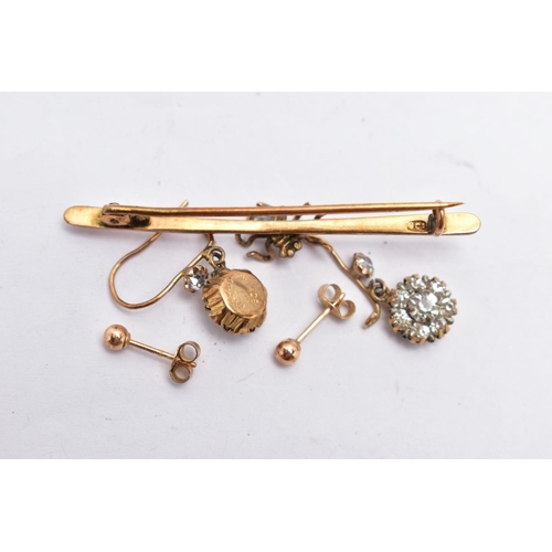 44 - A SELECTION OF YELLOW GOLD JEWELLERY, to include a pair of yellow metal ear studs, stamped 9ct, an e... 