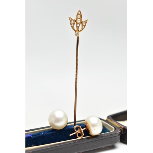 45 - A MID 19TH CENTURY STICK PIN AND A PAIR OF MODERN PEARL EARRINGS, a floral designed stick pin, set w... 