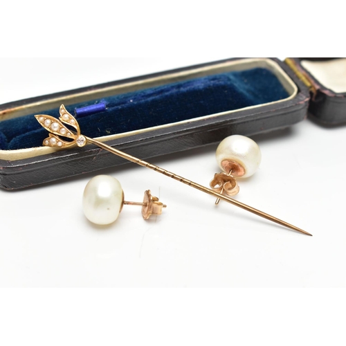 45 - A MID 19TH CENTURY STICK PIN AND A PAIR OF MODERN PEARL EARRINGS, a floral designed stick pin, set w... 