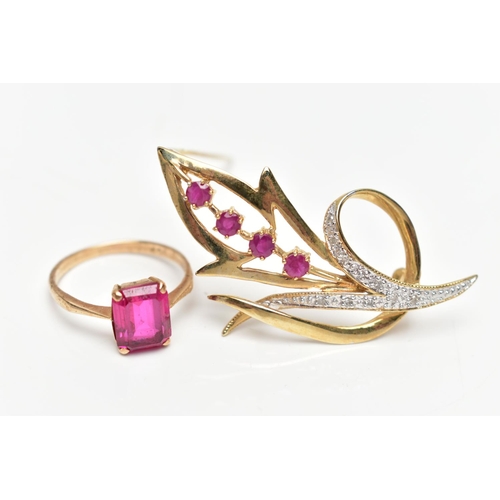 49 - TWO ITEMS OF JEWELLERY, to include a 9ct gold synthetic ruby and diamond floral brooch, hallmarked S... 