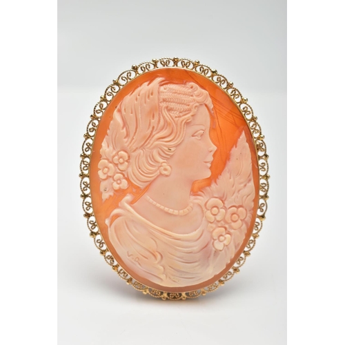 50 - A YELLOW METAL CAMEO BROOCH, of an oval form, shell cameo depicting a lady in profile wearing a stri... 