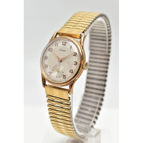 51 - A GENTS 9CT GOLD 'TIMOR' WRISTWATCH, hand wound movement, round silver dial signed 'Timor', Arabic n... 