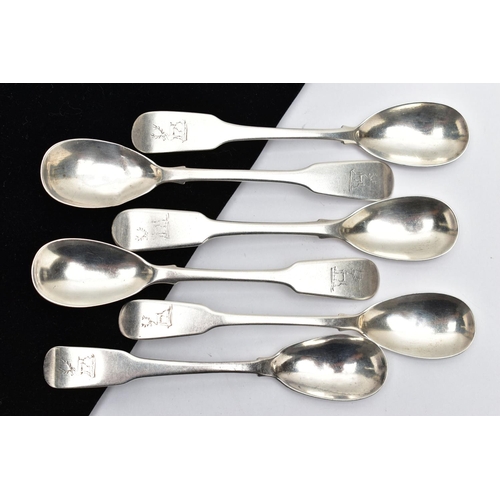 56 - A SET OF SIX CONDIMENT SPOONS, six fiddle pattern condiment spoons, each engraved with a stag detail... 
