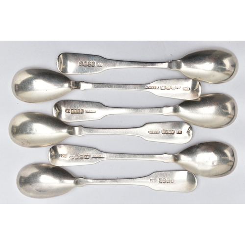 56 - A SET OF SIX CONDIMENT SPOONS, six fiddle pattern condiment spoons, each engraved with a stag detail... 