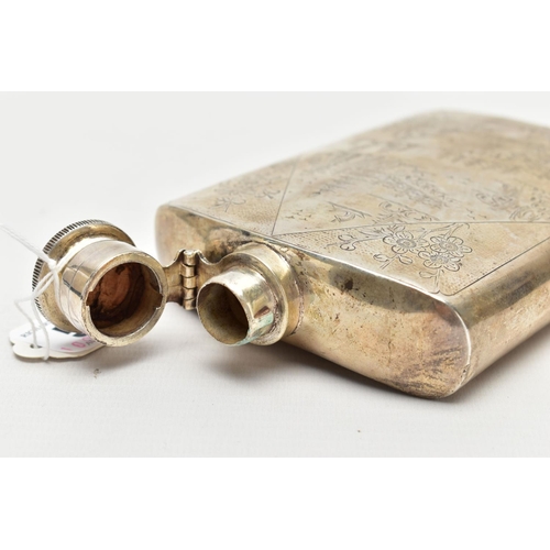57 - A CHINESE WHITE METAL HIP FLASK, decorated with an engraved oriental scene, with temples, boats and ... 