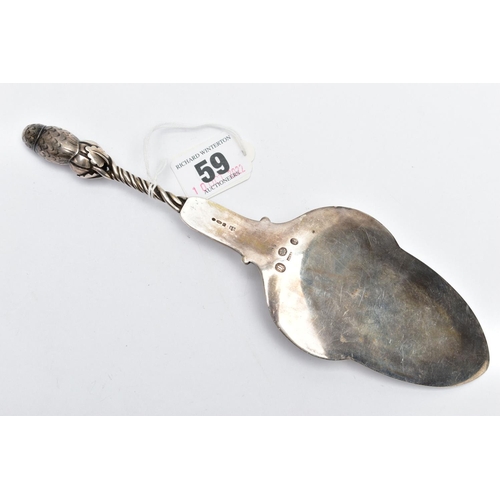 59 - A 'GEORG JENSEN' SILVER CAKE SLICE, twisted handle with floral detailing, displaying an owl to the t... 