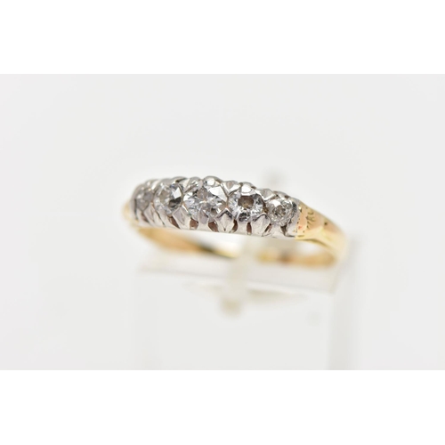 6 - A FIVE STONE DIAMOND RING, designed with a row of graduated old cut diamonds, each claw set in a whi... 