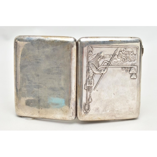 61 - A RUSSIAN SILVER CIGARETTE CASE, of a rounded rectangular form, embossed soldier and castle design t... 