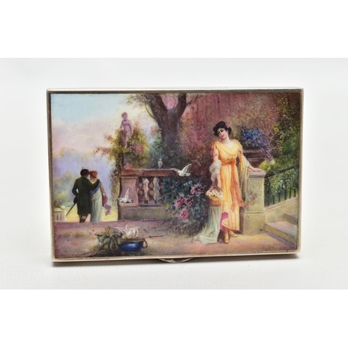 62 - A WHITE METAL ENAMEL DECORATED BOX, of a rectangular form, displaying a romantic scene of a lady on ... 