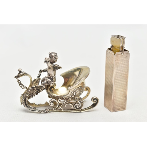 67 - A SILVER TRAVEL PERFUME CASE AND A WHITE METAL FIGURINE, engine turned pattern to the rectangular pe... 