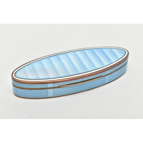 68 - A SILVER GUILLOCHE ENAMEL BOX, of an oval form decorated with a light blue guilloche enamel and a wh... 