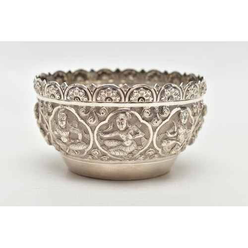 73 - A SILVER EMBOSSED BOWL, circular bowl featuring various religious figures and floral patterns, hallm... 