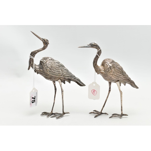 75 - A PAIR OF WHITE METAL CRANE FIGURINES, realistically textured, approximate height 175mm, rubbed stam... 