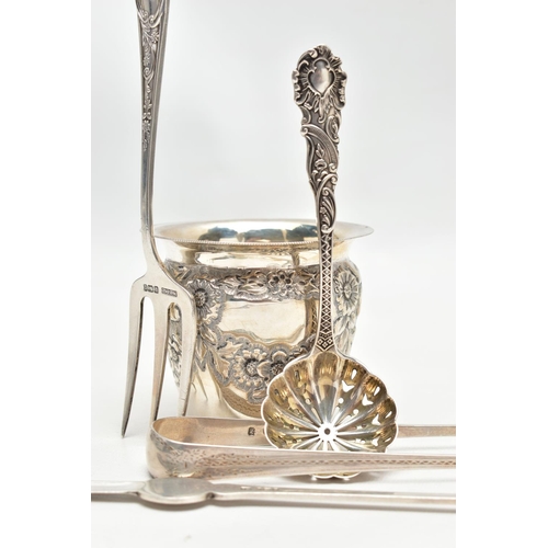 76 - A SELECTION OF SILVER ITEMS, to include an embossed floral desinged pot, hallmarked 'James Deakin & ... 