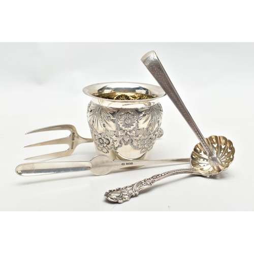 76 - A SELECTION OF SILVER ITEMS, to include an embossed floral desinged pot, hallmarked 'James Deakin & ... 