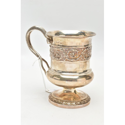 78 - A GEORGE III SILVER TANKARD, baluster form, decorated with embossed floral design, fitted with a dou... 