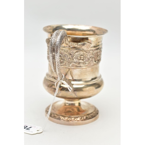 78 - A GEORGE III SILVER TANKARD, baluster form, decorated with embossed floral design, fitted with a dou... 