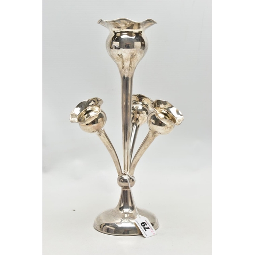 79 - A SILVER FLOWER CENTRE PIECE, featuring four flower holders, each with a wavy rim and tapered stem, ... 