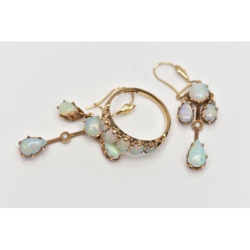 8 - A 9CT GOLD OPAL RING AND A PAIR OF OPAL DROP EARRINGS, the ring designed with three graduated oval o... 