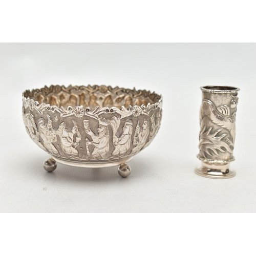 83 - AN EMBOSSED WHITE METAL BOWL AND SMALL VASE, the round bowl decorated with embossed multiple figural... 