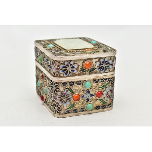 86 - A WHITE METAL, ENAMEL AND GEM SET BOX, of a rectangular form, decorated with enamelled flowers and b... 