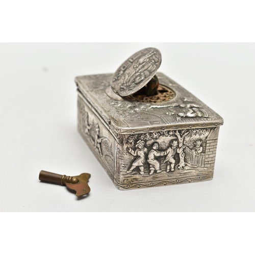 88 - A 19TH CENTURY MUSICAL BIRD BOX, of a rectangular form, the box decorated with figural scenes such a... 