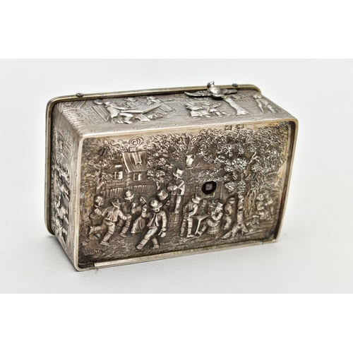 88 - A 19TH CENTURY MUSICAL BIRD BOX, of a rectangular form, the box decorated with figural scenes such a... 