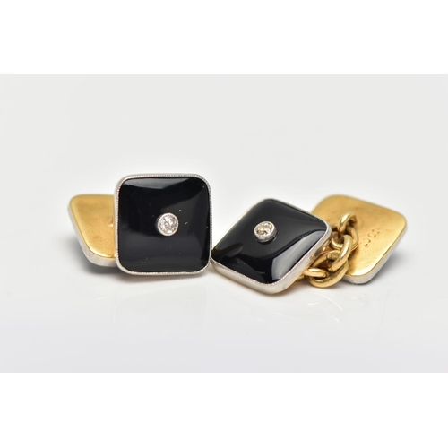 9 - A PAIR OF DIAMOND SET CUFFLINKS, each designed with two square onyx panels, approximate width 11.6mm... 