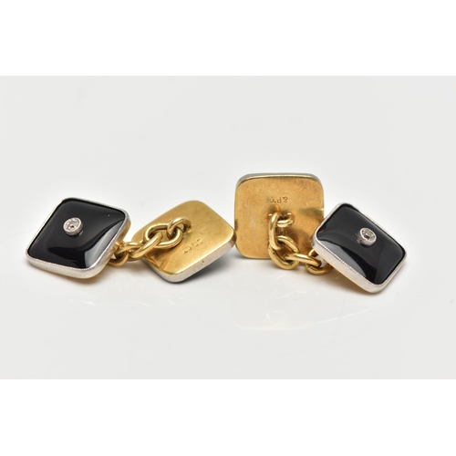 9 - A PAIR OF DIAMOND SET CUFFLINKS, each designed with two square onyx panels, approximate width 11.6mm... 