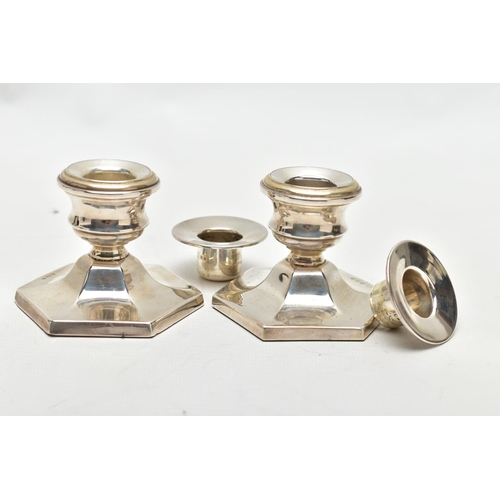 90 - A PAIR OF SILVER CANDLE STICKS, two dwarf candle sticks, hexagonal weighted bases, approximate heigh... 
